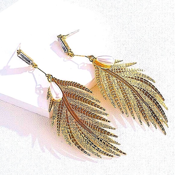 Boho Gold 14K GP Feather & Pearl Drop Earrings - Picture 2 of 7
